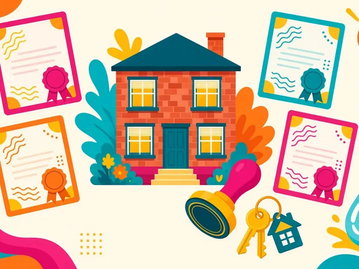 A colorful illustration of a brick house surrounded by certificates, a rubber stamp, house keys and a water drop in bright magenta, teal and tangerine