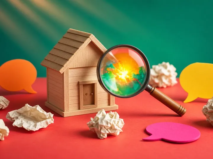 A small wooden model house on a coral tabletop with a magnifying glass, crumpled paper notes and blank colorful speech bubbles against a teal wall