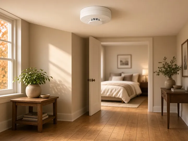 A white ceiling smoke alarm in a sunny hallway leading to a bedroom, with autumn leaves outside the window